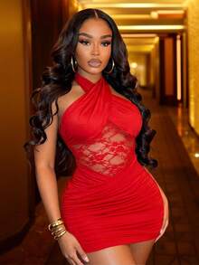 Slaydiva Đầm mini nữ dáng ôm màu đỏ phối ren, xếp ly, thắt dây chéo, kiểu dáng thanh lịch, gợi cảm, thích hợp cho các buổi tụ họp, tiệc tùng, câu lạc bộ gợi cảm, năm mới, lễ hội, Giáng sinh, hẹn hò, du lịch hàng ngày, mua sắm, trang phục sân bay, trang phục ăn trưa, trang phục dự đám cưới, tiệc sinh nhật, họp mặt thường niên, tiệc chiêu đãi. - Đỏ - Xem 15