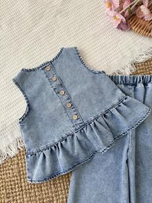 LMoss Kids 2pcs/Set Young Girl' Cute Blue Denim Loose Fit Camisole And Pants Set,Spring Outfits, Summer Outfits,Casual And Fashionable Vacation Outfits,Street Wear,2000s Style  ,Comfortable And Soft Denim Set,Vacation Outfits - Light Wash - View 7