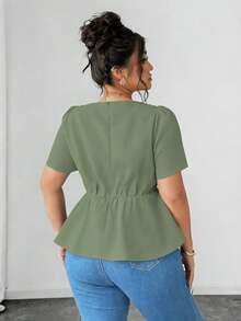 Elenzga Chic Plus Size Green Peplum Blouse With Square Neck Puff Sleeves And Ruffle Hem Casual Style - Green - View 2
