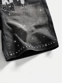 ROMWE MEN Street Life Men's Fashion Rhinestone Embroidered Denim Shorts, Versatile For Summer - Black - View 6