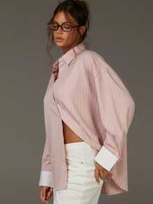 Athîral 女士休闲通勤条纹前开襟长袖衬衫，秋季款 - 淺粉色 - 查看 3