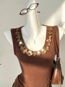 Muvela Fashionable Casual Sequin Round Neck Vest, Elegant Carnival Party, Retro College Style, Suitable For Back To School, Music Festival, Urban Commute, Business - Brown - View 4