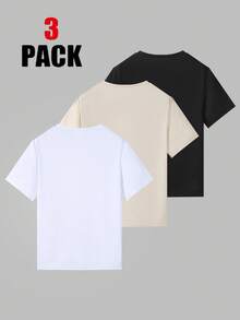 SHEIN 少年男孩3入組短袖上衣,掛牌裝飾,圓領設計,適合春夏季節 - 黑與白 - 查看 2