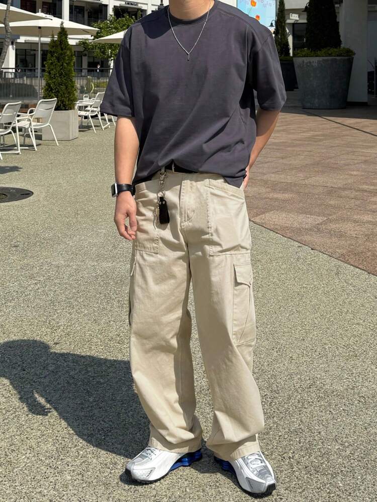 Men's Solid Color Beige Stretch Fabric Cargo Pocket Straight Leg Jeans, Washed, Suitable For Spring And Autumn