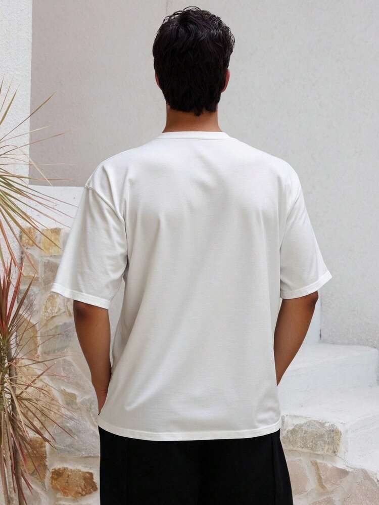 Men's Summer Partial Placket Round Neck Solid White T-Shirt