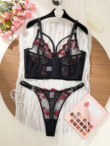 SHEIN 2pcs Plus Size Women Burgundy Floral Underwire Bra And Panty Set, Supportive Longline Bra And Shapewear