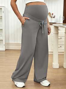 SHEIN Pantalones casuales y versátiles de unicolor para maternidad - Gris - Ver 3