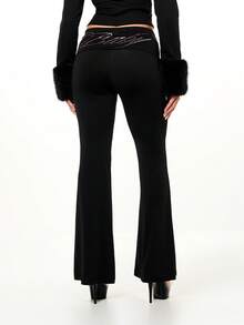 SUMWON WOMEN Flared High Rise Fold Over Waistband Rhinestone Graphic Jogger Pants With Faux Fur Cuffs Winter Fall Lounge For Valentine - Black - View 1