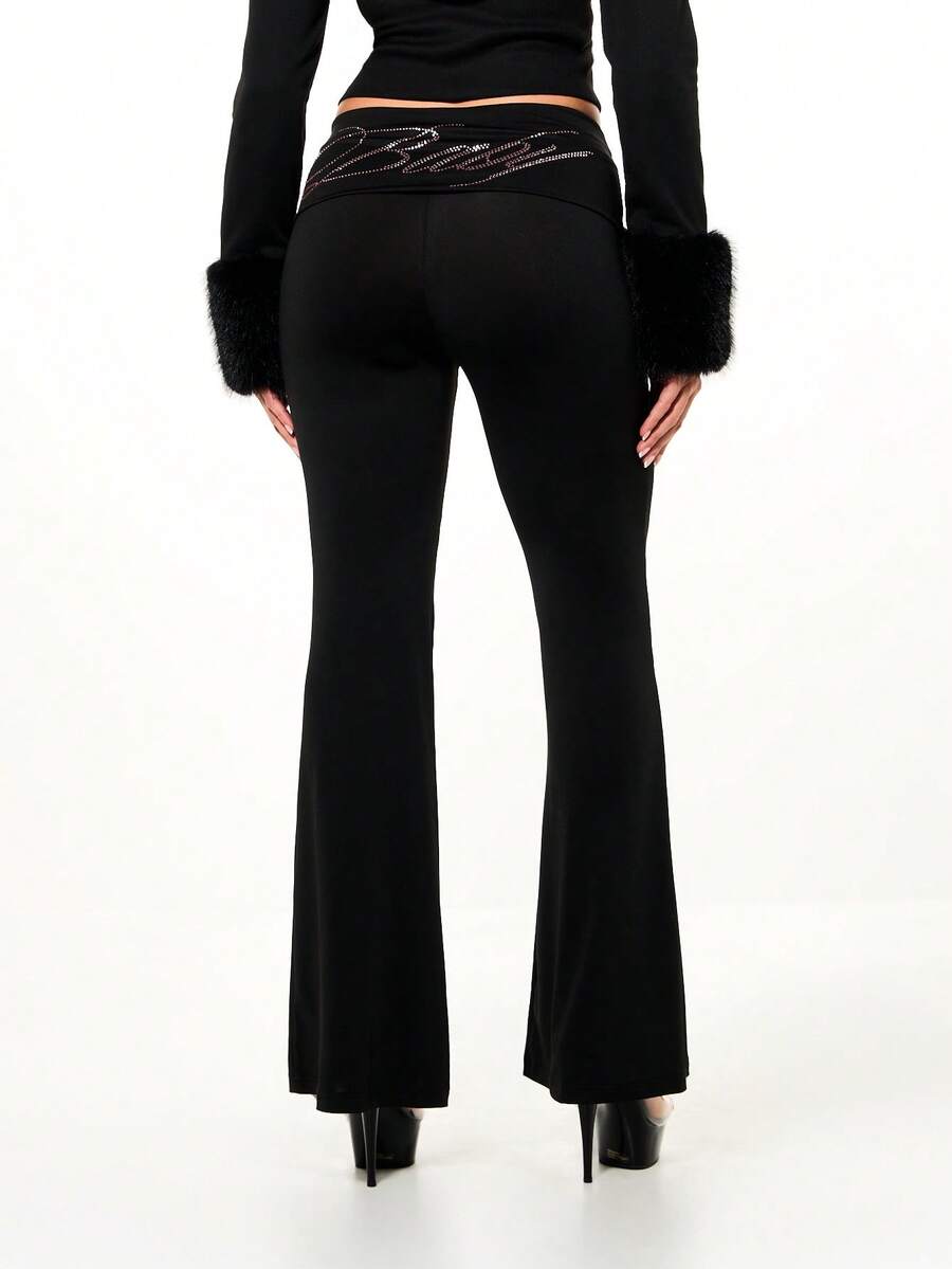 SUMWON WOMEN Flared High Rise Fold Over Waistband Rhinestone Graphic Jogger Pants With Faux Fur Cuffs Winter Fall Lounge For Valentine - Black - View 1