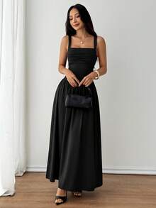 SHEIN PETITE 女士优雅纯色棕色咖啡色方领喇叭连衣裙，春夏款 - 黑色 - 查看 6