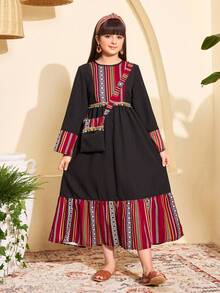 2-Piece Set For Tween Girls:Elegant Traditional Black Dress With Matching Bag,Geometric Print,Long Sleeves Maxi Dress,Black,Autumn,Boho,Wedding Guest - Black - View 7