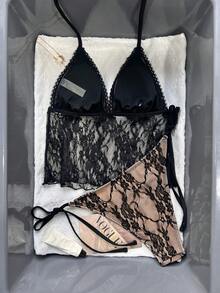 Swim Vcay Women's Sexy Lace Triangle Cup Bikini Bottoms With Side Tie Low Waist Swimsuit Set, Summer - Black - View 2