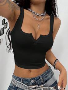 Coolane Women's Summer Concert Outfit Rave Outfit Festival Going Out Renaissance Fair Club Outfits Sexy Y2K Rib Knit White Notched Collar Truncated T-Shirt Tees - Black - View 1