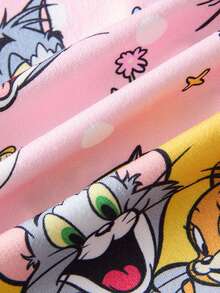 TOM & JERRY X SHEIN 女童夏季可爱卡通字母图案翻领短袖衬衫和短裤睡衣套装 - 粉色 - 查看 6