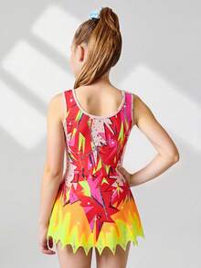 SHEIN Léotards imprimés sans manches pour préadolescentes, confortables et agréables à la peau, conception ajustée pour éviter l'exposition, vêtements d'activité de gymnastique rythmique, justaucorps pour compétition de danse scolaire, convient pour toutes les saisons automne hiver - Orange - Voir 2