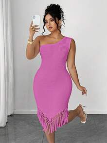 Elenzga Plus Size Women Cerise Pink Summer 70's Night Party Boho Asymmetrical Hem Sleeveless One Shoulder Crochet Fringe Bodycon Dress Beach Vacation Outfit - Red Violet - View 3