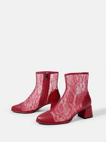 CUCCOO HITCHD Giày bốt cao gót đế dày, phối ren, vát cạnh thanh lịch dành cho nữ - Đỏ - Xem 9