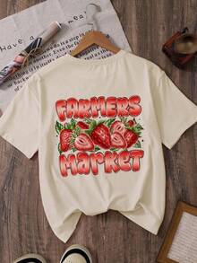 INAWLY Strawberry Print Casual Round Neck Women T-Shirt, Summer - Apricot - View 3