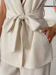 Easowa Women's Solid Color Waist Top And Pants Elegant 2 Pieces Set Valentine's Day Outfit Vacation Outfits For Women Pant Suit Summer Sets Linen Two Piece Set Two Piece Set Women Elegant Beige Two Piece Set Spring Outfits Elegant 2 Pieces Set - Apricot - View 6