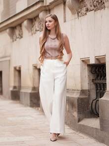 Anewsta Áo hai dây đan hạt cườm dày thanh lịch không tay cho nữ - Màu Hồng  San hô - Xem 1