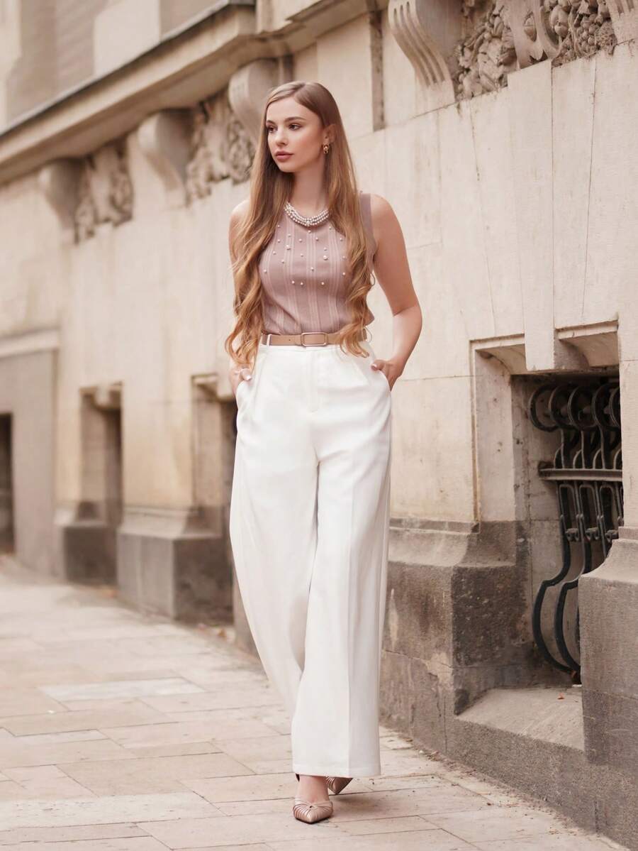 Anewsta Áo hai dây đan hạt cườm dày thanh lịch không tay cho nữ - Màu Hồng  San hô - Xem 1