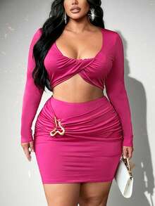 Almamuse Plus Size Solid Color Round Neck Regular Shoulder Long Sleeve Cropped Top With Metal Ring Decor And Mini Skirt 2-Piece Set - Hot Pink - View 6