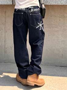 DAZY Men's Letter Print Navy Blue Blue Denim Jeans, Spring - Blue - View 1