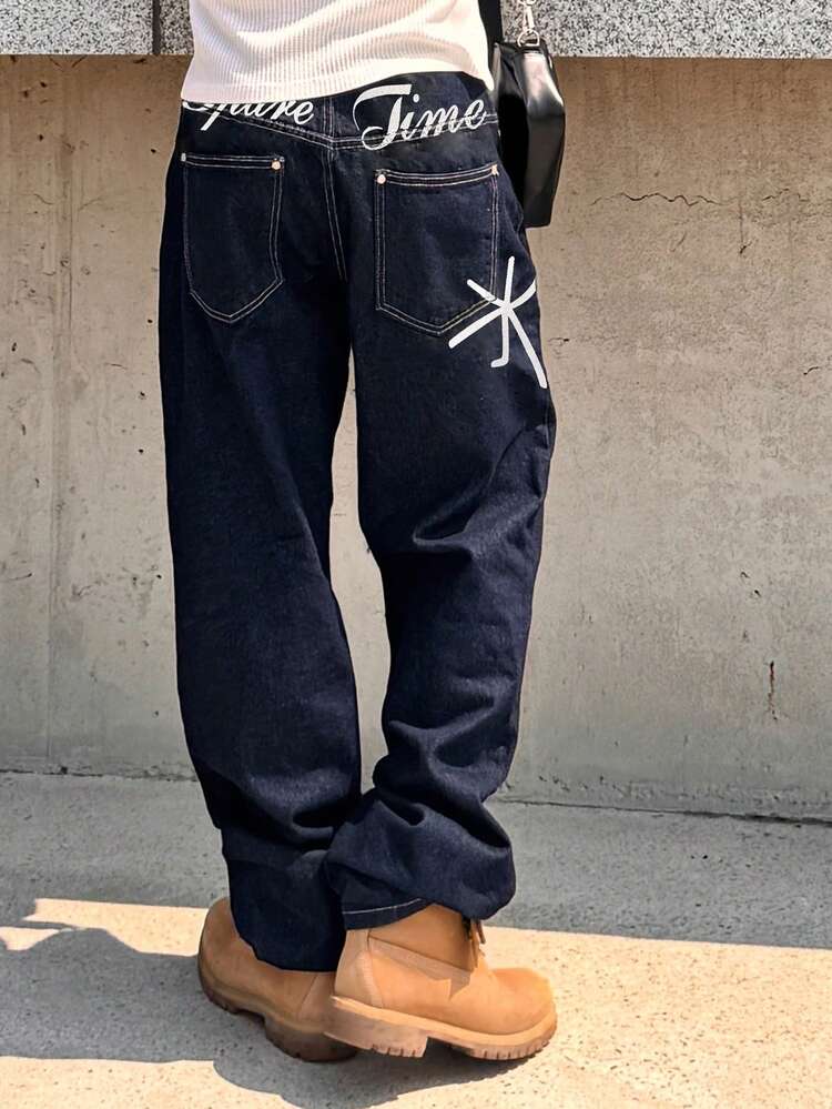 Men's Letter Print Navy Blue Blue Denim Jeans, Spring