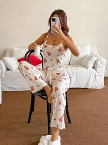 Dream Adore Women's Cute Bear Print Camisole And Pants Pajama Set Valentine's Cute Lounge Set - Apricot - View 7