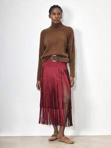 Maija 女士麂皮绒面料中腰收腰流苏拼接设计修身显瘦波西米亚风休闲半身裙，适合都市通勤、商务、休闲、派对、婚礼宾客、夏季、情人节、新年等场合。 - 酒紅色 - 查看 6