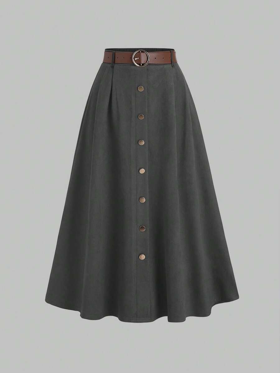 Sweetra Chân váy giả da lộn màu nâu cà phê dành cho nữ, thiết kế cài cúc đơn, thích hợp cho mùa thu/đông. - Màu xám đen - Xem 1