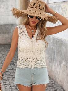 Brillora Women's Hollow Out Design Single-Breasted Casual Knit Vest,Summer Holiday Outfits,Holiday Outfits For Women,Summer Vacation Outfits,Casual Women Outfits,Casual Sets For Women,BOHO,Summer Outfit For Women,BOHO Style,Fashion Elegant Hollow-Out Knit Camisole, New For Spring/Summer,Women's Solid Color Sleeveless Knitted Top, Casual Vacation Wear, Ladies' Spring And Summer New Hollowed Out DesignUnique French Elegance, Casual Versatility,Exquisite And Refined For Commuting And Dating.,Knitted Vest (Random Hollowed Out Pattern),Spring To Summer,Holiday Clothes, - Apricot - View 6