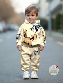 SHEIN 男婴休闲宽松舒适针织柔软经典可爱兔子、小狗动物图案印花连帽运动服套装，适合秋冬季 - 彩色 - 查看 1