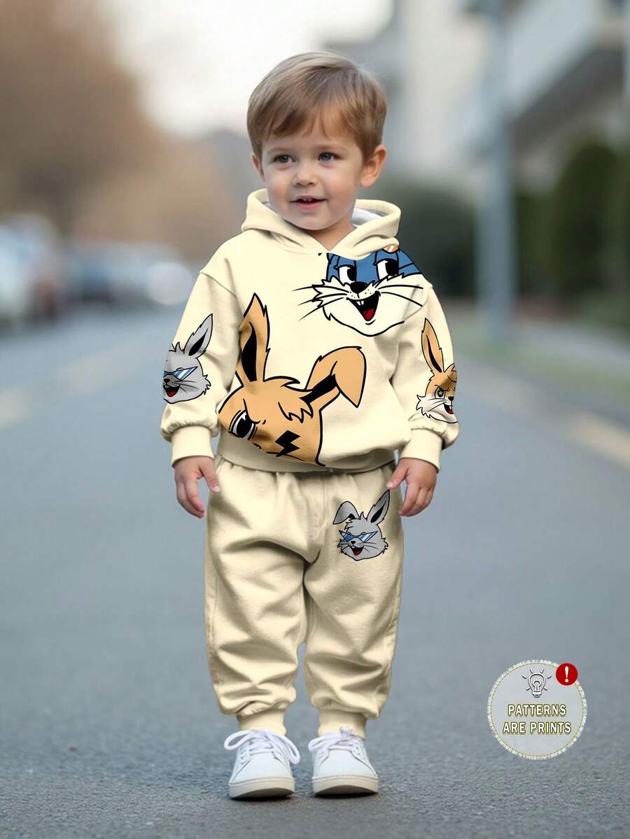 SHEIN 男婴休闲宽松舒适针织柔软经典可爱兔子、小狗动物图案印花连帽运动服套装，适合秋冬季 - 彩色 - 查看 1