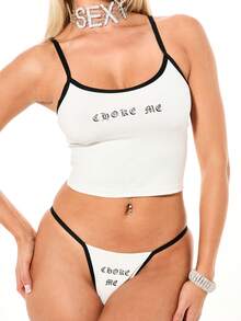 SUMWON WOMEN Contrast Binding Sleep Set Crop Cami Tank Top With Cheeky High Waisted Thong Underwear Sleepwear Pajama Two Piece Set For Valentine's Day - Multicolor - View 4