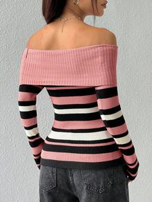 Flirla Women's Contrast Stripe Off-Shoulder Sweater - Rose Red - View 2