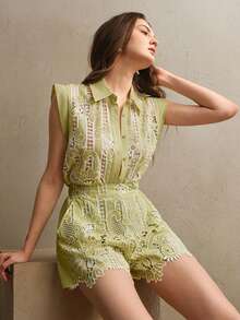 Women's Luxury Vintage Embroidered Sleeveless Top And Lace Shorts Set Short Suit Set Women - Green - View 4