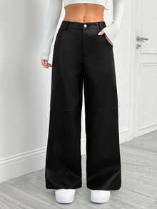 SHEIN PETITE Pantalones rectos de piel de poliuretano sólida color borgoña, adecuados para Navidad, Año Nuevo, San Valentín, otoño/invierno, fiestas, citas - Negro - Ver 3