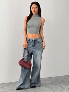 Women Solid Mock Neck Ruched Crop Tank Top High Neck Top Gray Top Grey Top Grey Crop Top Crop Top Sleeveless Crop Top Mock Neck Top Gray Crop Top - Light Grey - View 7