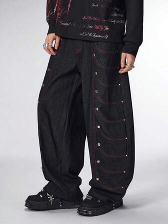 Grunge Punk Jeans anchos y casuales de pierna ancha con bolsillo y cuchillo curvo para hombres