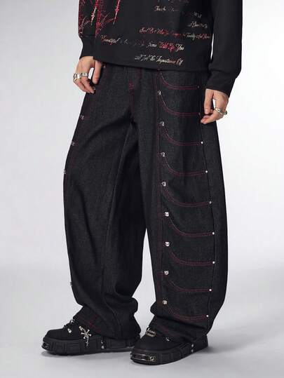 Grunge Punk Jeans anchos y casuales de pierna ancha con bolsillo y cuchillo curvo para hombres