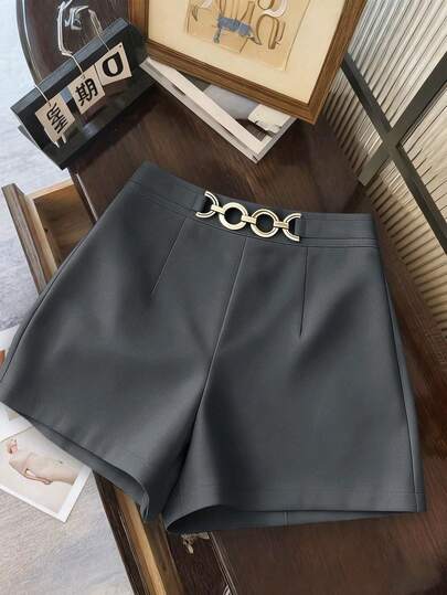 Franclia 女士时尚链条装饰短裤，秋季优雅短裤，女士高腰短裤