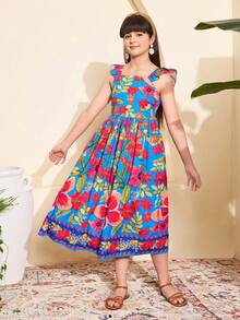 Tween Girl Floral Print Casual Vacation Dress - Multicolor - View 4