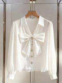 GlowEve Áo sơ mi nữ dáng rộng, cổ nơ, tay dài, kiểu dáng thanh lịch. - trắng - Xem 1
