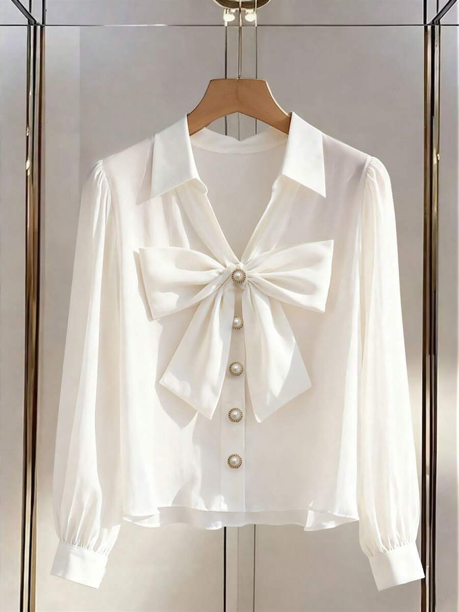 GlowEve Áo sơ mi nữ dáng rộng, cổ nơ, tay dài, kiểu dáng thanh lịch. - trắng - Xem 1
