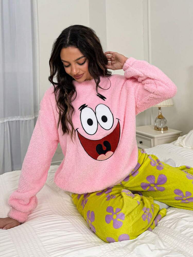SpongeBob SquarePants | SHEIN 女士冬季卡通刺绣落肩泰迪上衣和裤子睡衣套装，秋装 - 粉色 - 查看 5
