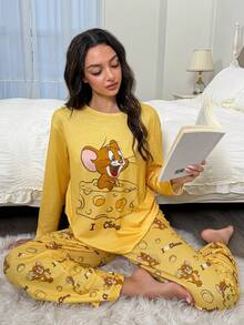 TOM & JERRY X SHEIN 女士卡通图案圆领长袖上衣和裤子睡衣套装，秋冬服装