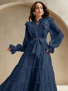 Anewsta Elaire Elegant Floral Lace Layered Ruffle Hem Dress For Women, Suitable For Fall, Winter, Spring, New Year, Party, Wedding, Chic, Stylish, Formal, Work, Thanksgiving, Graduation, Christmas, Festival - Navy Blue - View 5