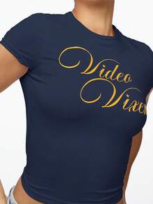 SUMWON WOMEN Video Vixen Graphic Baby Tee Crop Top Short Sleeve Cotton Casual Everyday Fitted Script Print Lettering - Navy Blue - View 5