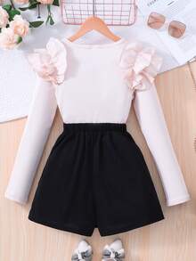 Tween Girl Pink Ruffle Shoulder Long Sleeve Top + Black Faux Pearl Skort Set - Apricot - View 2